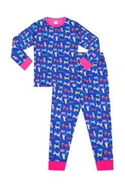 Girls Cat All Over Print Blue Long Pyjamas