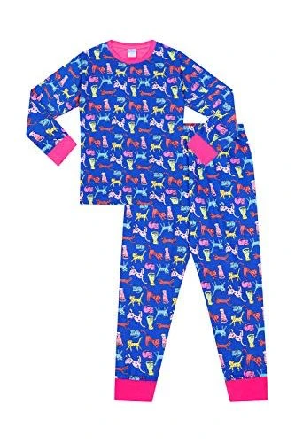 Girls Cat All Over Print Blue Long Pyjamas 1 Girls Cat All Over Print Blue Long Pyjamas