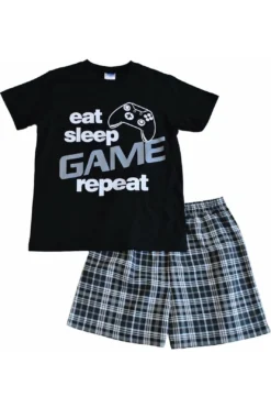 Eat Sleep Game Short Pyjamas Black And White