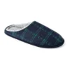 Men's Navy And Green Checked Fleece Lined Slip On Mule Slippers