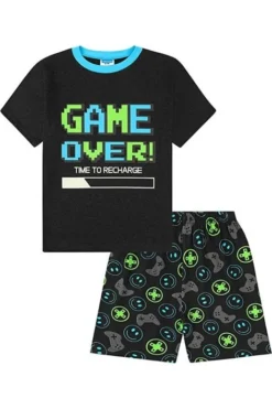 Boys Glow In The Dark Game Over Time To Recharge Batteries Short Pyjamas -All Ages Fashion Gameovershorts