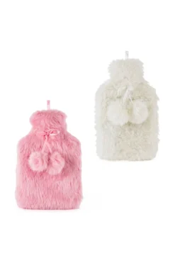Fluffy Pom Pom Hot Water Bottle In White Or Pink
