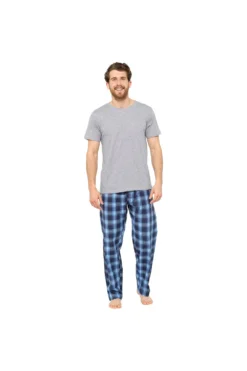 Mens Foxbury Cotton Blend Checked Short Sleeve Long Pyjamas