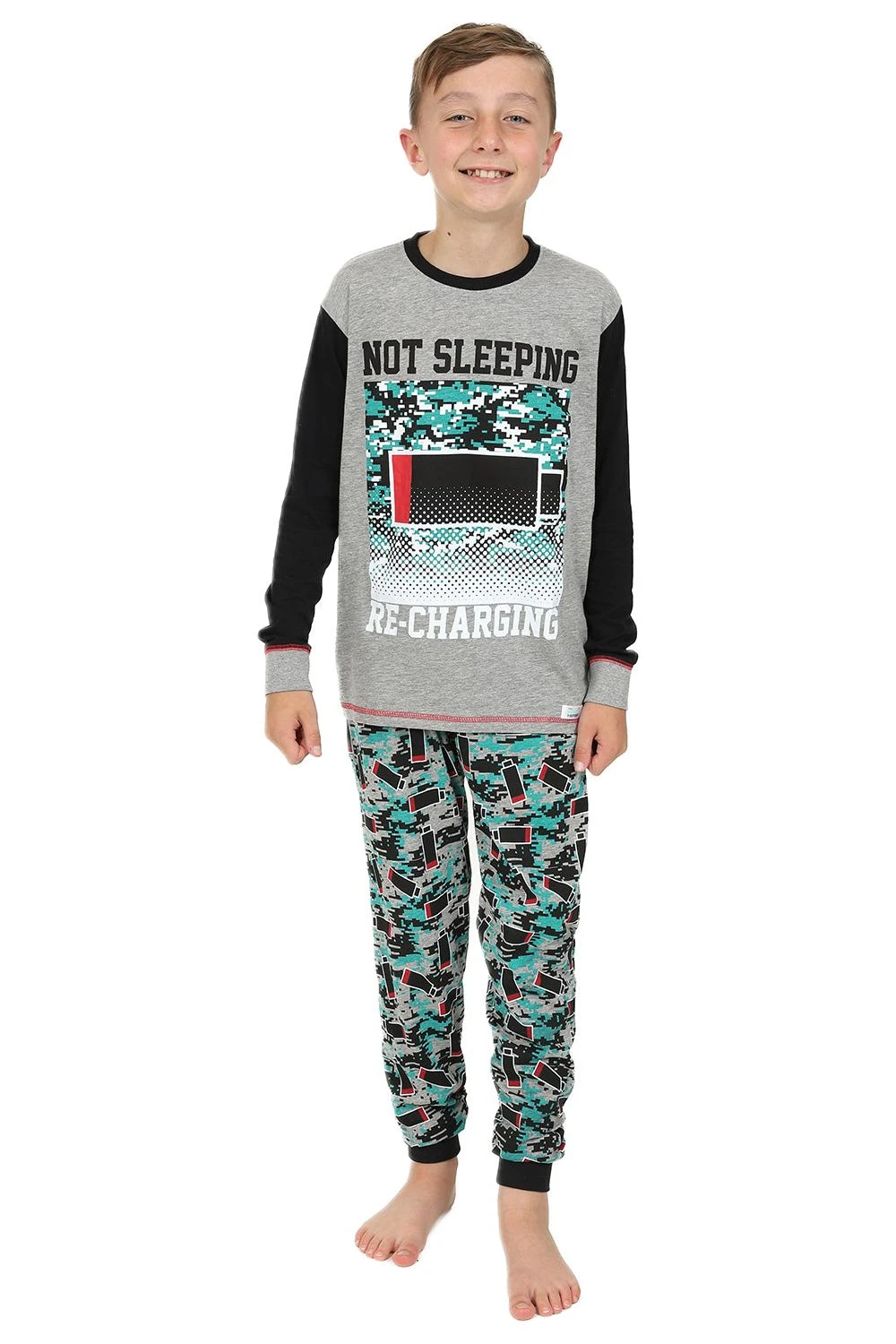 Boys Not Sleeping I'm Just Recharging' Grey Red Long Pyjamas 1 Boys Not Sleeping I'm Just Recharging' Grey Red Long Pyjamas
