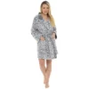 Women's Leopard Grey Hooded Design Fleece Nightwear Bathrobe Dressing Gown