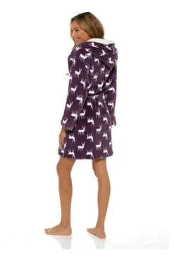 Women's Hooded Reindeer Short Fleece Dressing Gown Robe Purple -All Ages Fashion LN1059 3