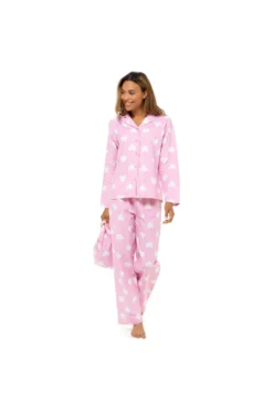 Women's Pink Heart Print Buttoned Long Pyjama Set With PJ Bag