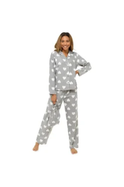 Women's Grey Heart Print Buttoned Long Pyjama Set With PJ Bag