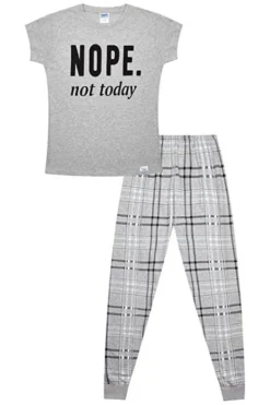 Girls Cheeky Nope Not Today Checked Long Cotton Pyjamas -All Ages Fashion Nopenottodaylong