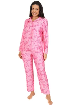 Women's Barbie Long Pink Satin Silk Pyjama Set
