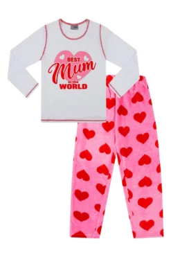Women's 'Best Mum In The World' Fleece Heart Long Pyjamas -All Ages Fashion PJF220209 28