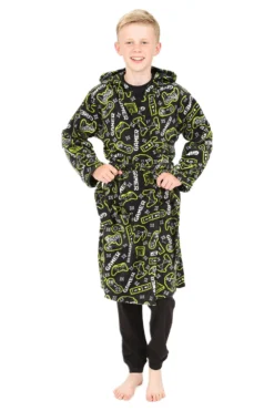 Boys Black Gamer Fleece Dressing Gown