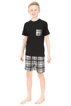 Boys Girls Black And White Check Woven Short Pyjamas