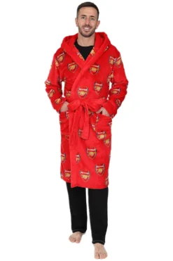 Arsenal F.C. Mens Red Official Dressing Gown Fleece Hooded Robe W23