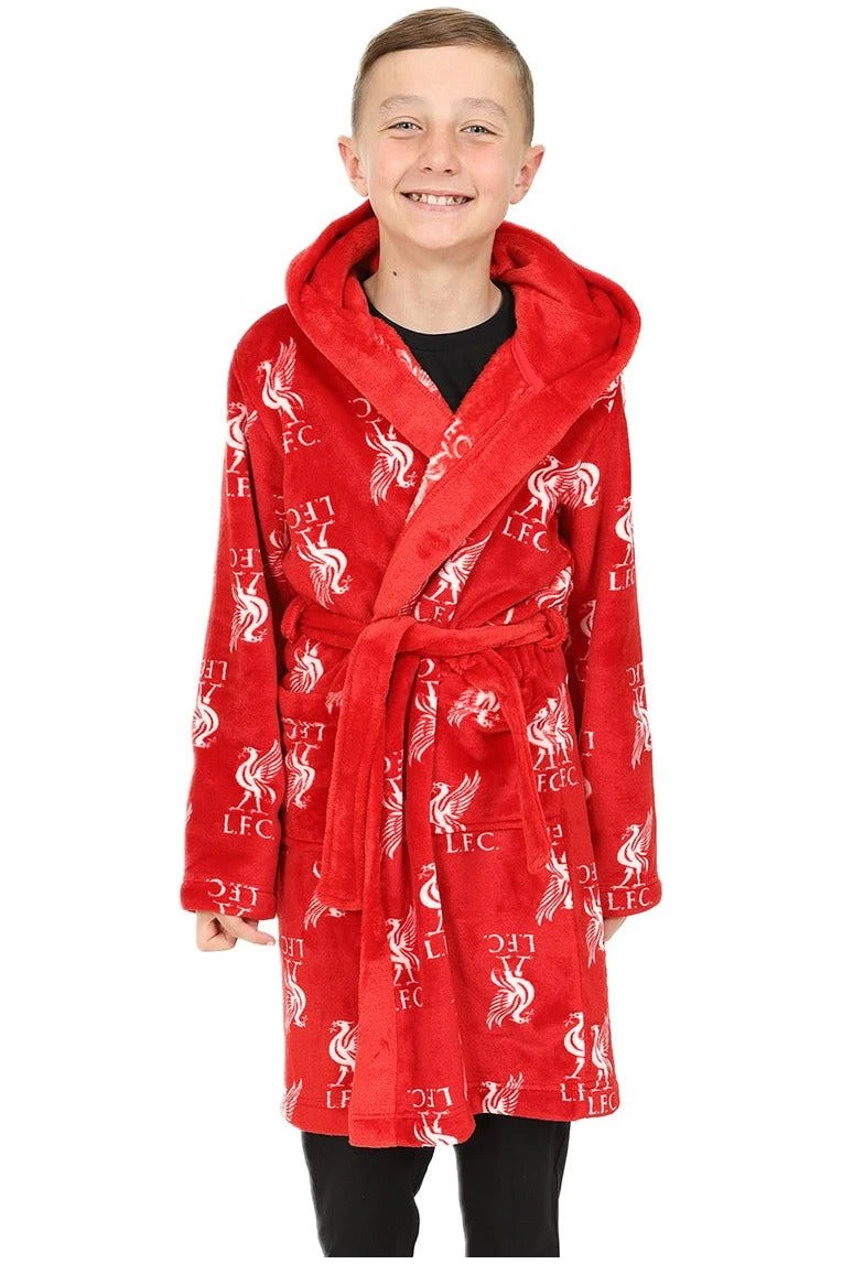 Liverpool F.C. Boys Official Dressing Gown Fleece Hooded Kids Robe Red 1 Liverpool F.C. Boys Official Dressing Gown Fleece Hooded Kids Robe Red